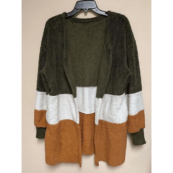 Womens Long Sleeve Open Front Soft Plush Cardigan Loose Fitting Color Block Sz S - Picture 1 of 5